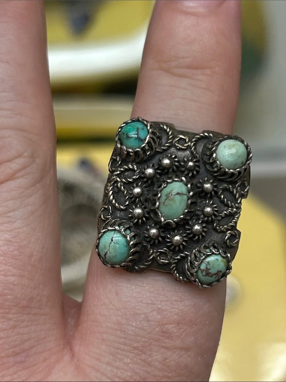 Antique Yemenite Filigree Genuine Turquoise Silver Ornate Ring